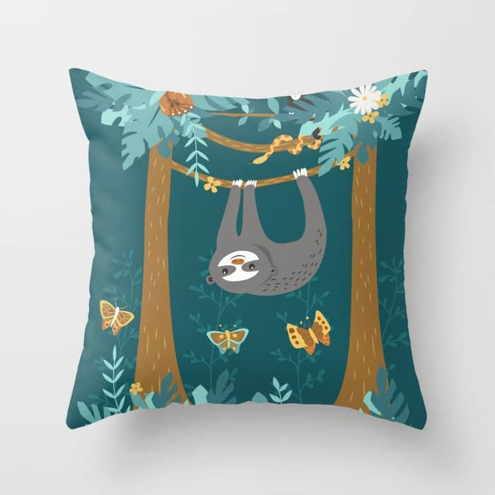 Sloth Hanging In A Teal Forest Throw Pillow
