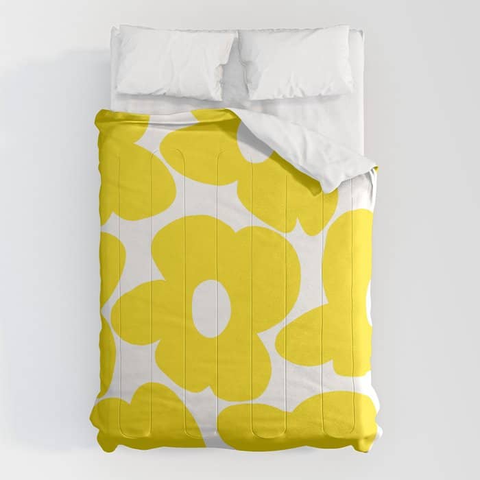Large Yellow Retro Flowers On White Background #Decor #Homestorie #Buyart Comforter