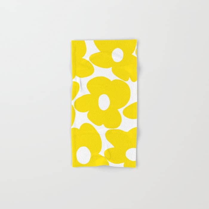Large Yellow Retro Flowers On White Background #Decor #Homestorie #Buyart Bath Towel
