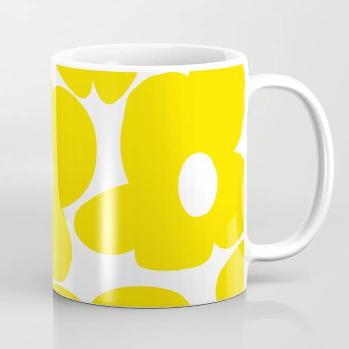 Large Yellow Retro Flowers On White Background #Decor #Homestorie #Buyart Coffee Mug