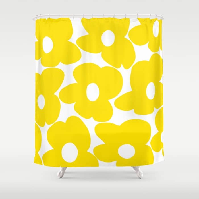 Large Yellow Retro Flowers On White Background #Decor #Homestorie #Buyart Shower Curtain