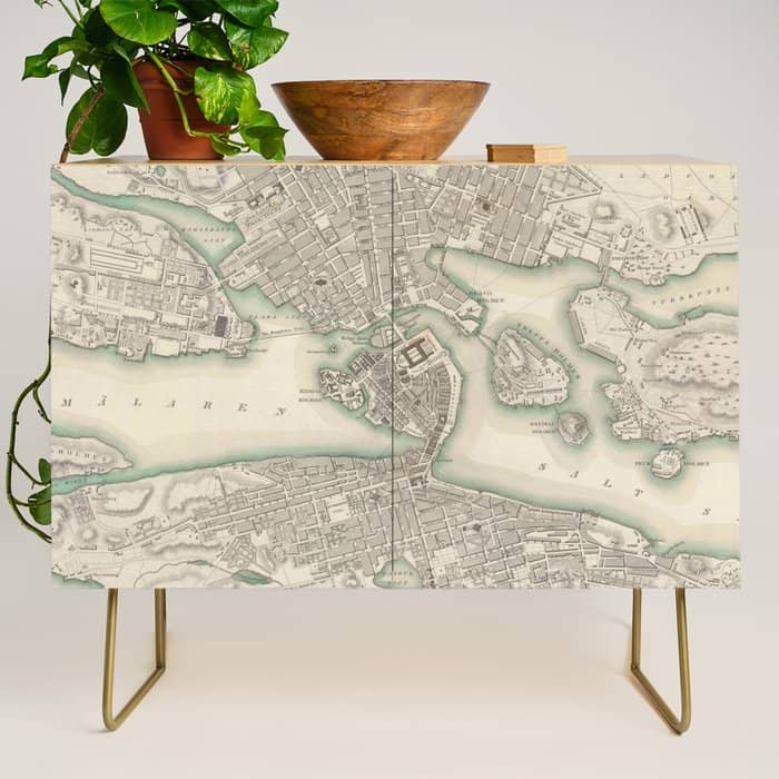 Vintage Map Of Stockholm Sweden (1838) Credenza