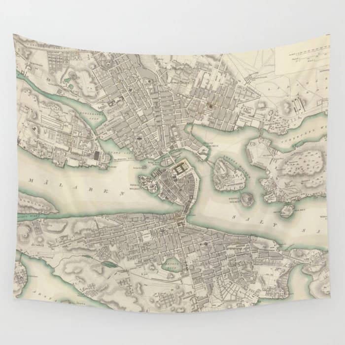 Vintage Map Of Stockholm Sweden (1838) Wall Tapestry