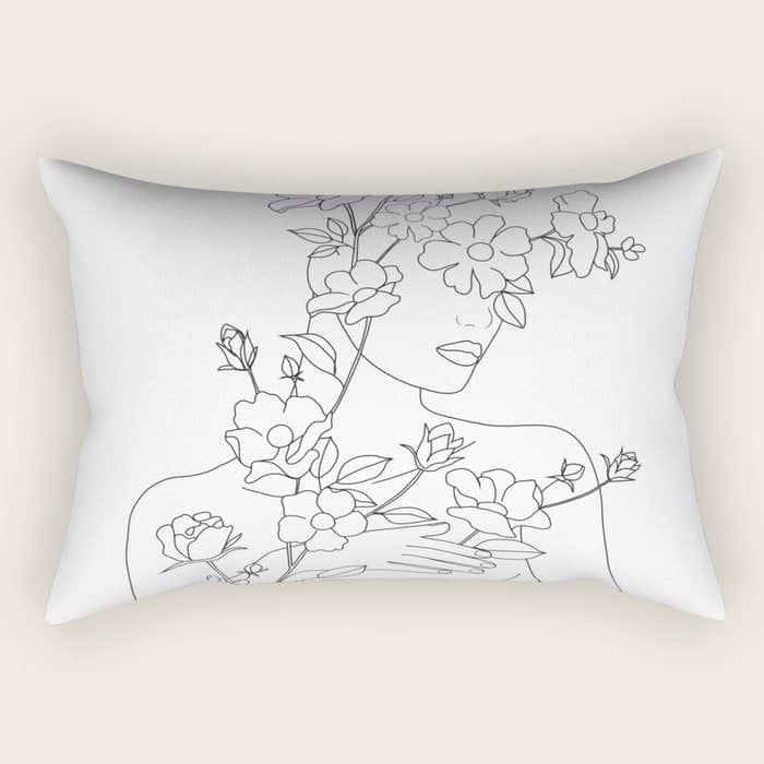 Minimal Line Art Woman With Wild Roses Rectangular Pillow
