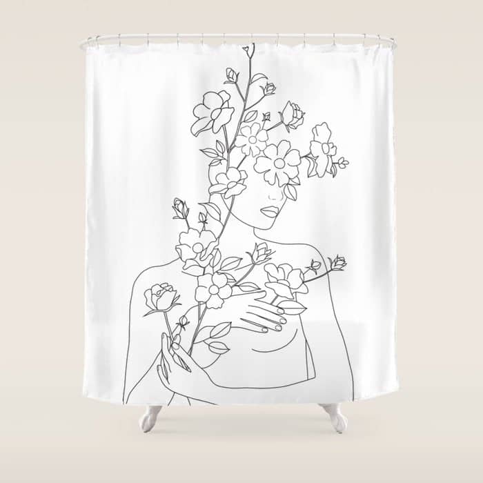 Minimal Line Art Woman With Wild Roses Shower Curtain