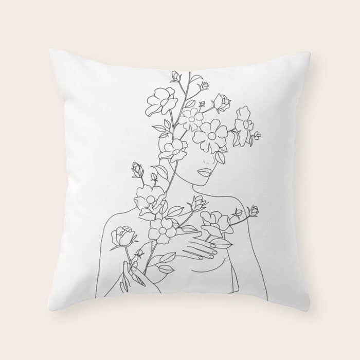 Minimal Line Art Woman With Wild Roses Throw Pillow