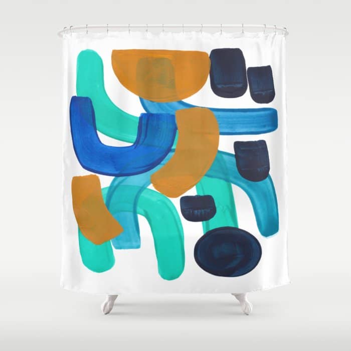 Minimalist Abstract Mid Century Modern Colorful Shapes Marine Green Teal Blue Yellow Pattern Shower Curtain
