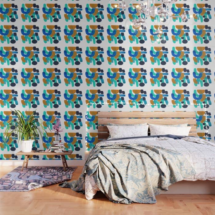Minimalist Abstract Mid Century Modern Colorful Shapes Marine Green Teal Blue Yellow Pattern Wallpaper