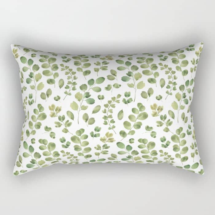 Watercolor Green Botanical Leaves Hand Painted Pattern Rectangular Pillow