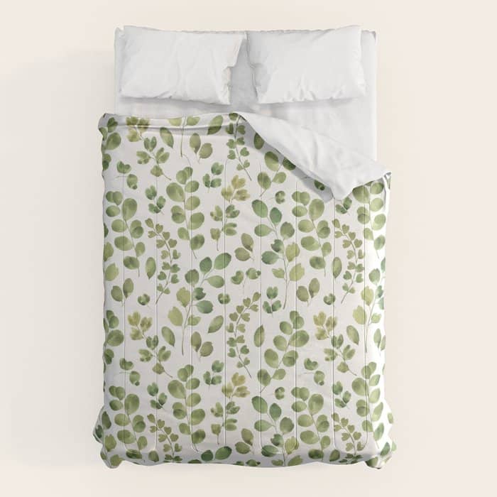 Watercolor Green Botanical Leaves Hand Painted Pattern Comforter