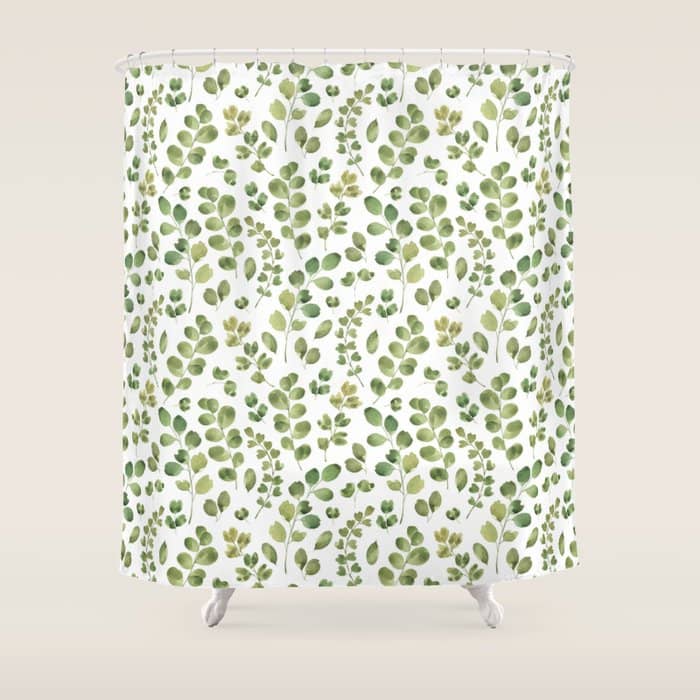 Watercolor Green Botanical Leaves Hand Painted Pattern Shower Curtain