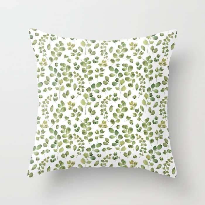Watercolor Green Botanical Leaves Hand Painted Pattern Throw Pillow