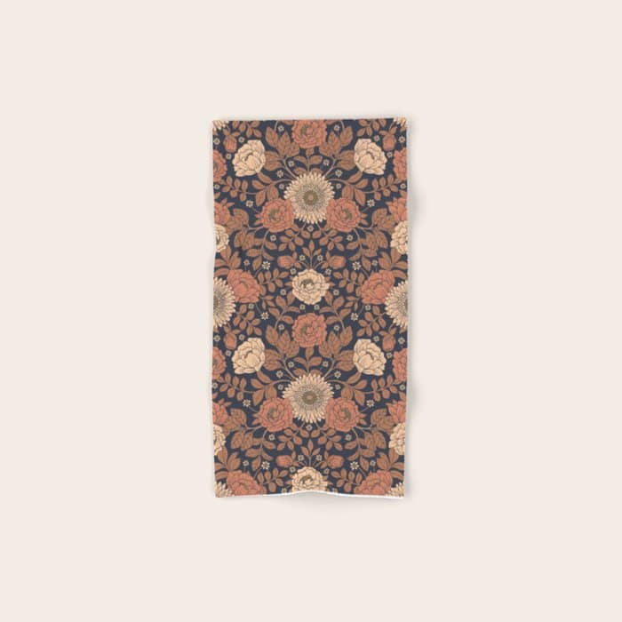 Peach, Dusty Rose, Mauve & Blue-Gray Floral Pattern Bath Towel