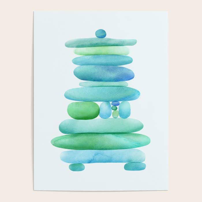 Sea Glass Cairn Watercolor - Teal And Blue Poster