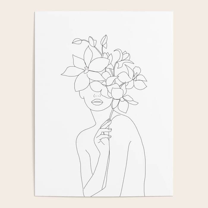 Minimal Line Art Woman With Orchids Poster