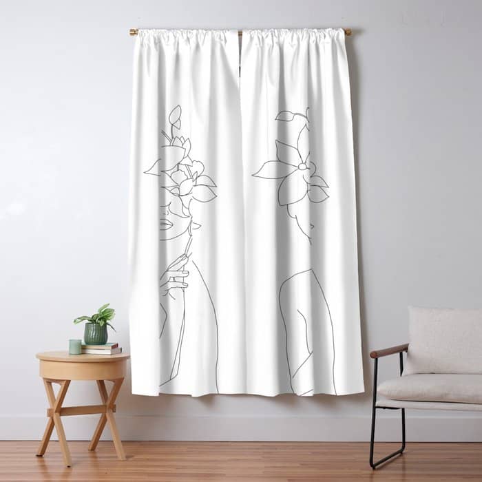 Minimal Line Art Woman With Orchids Window Curtain