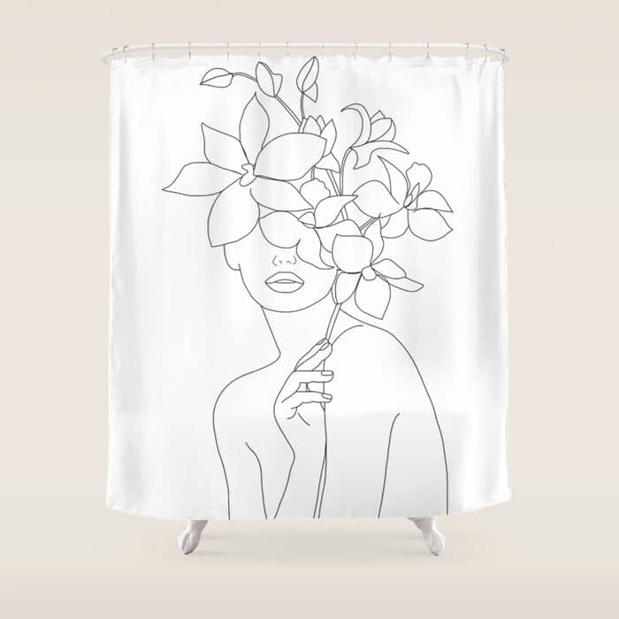 Minimal Line Art Woman With Orchids Shower Curtain