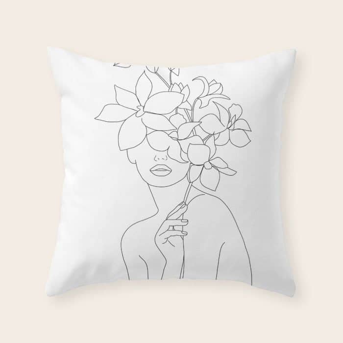 Minimal Line Art Woman With Orchids Throw Pillow