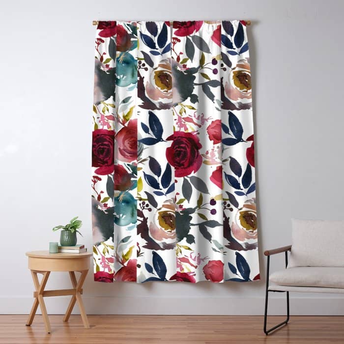 Hand Painted Burgundy Coral Teal Watercolor Botanical Roses Window Curtain