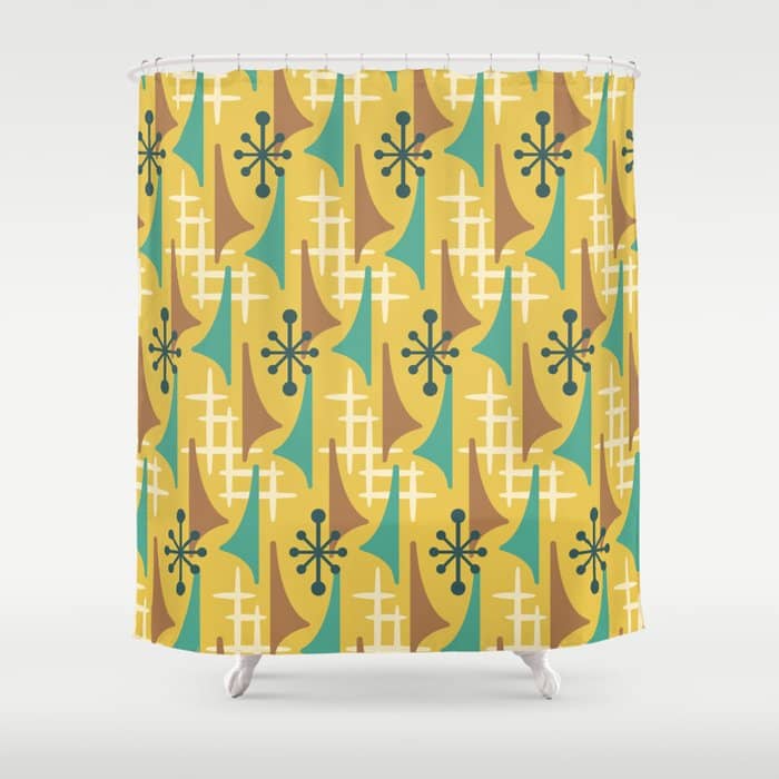 Mid Century Modern Atomic Wing Composition 55 Yellow Brown And Teal Shower Curtain