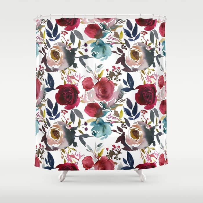 Hand Painted Burgundy Coral Teal Watercolor Botanical Roses Shower Curtain