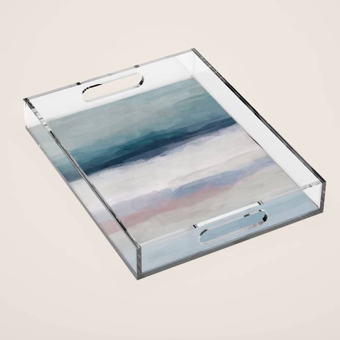 Lullaby Waves Iii - Dark Teal Blue White Pink Light Blue Modern Art, Ocean Waves Nursery Beach Acrylic Tray