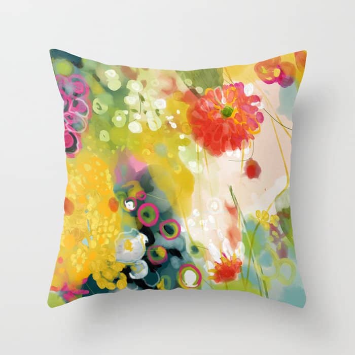 Abstract Floral Art In Yellow Green And Rose Magenta Colors Throw Pillow