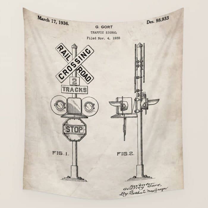 Railroad Crossing Patent - Train Crossing Art - Antique Wall Tapestry