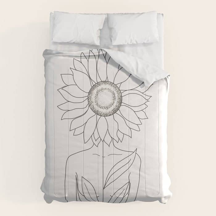 Minimalistic Line Art Of Woman With Sunflower Comforter