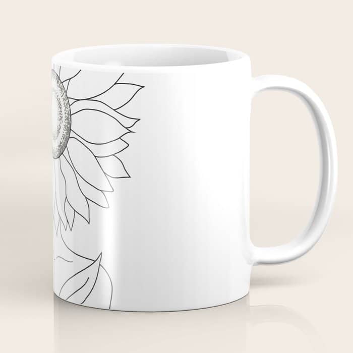 Minimalistic Line Art Of Woman With Sunflower Coffee Mug