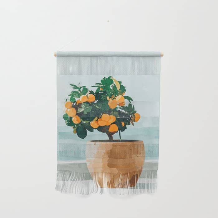 Orange Tree, Plant Pot Nature Botanical Bonsi Illustration, Modern Simple Bohemian Painting Wall Hanging