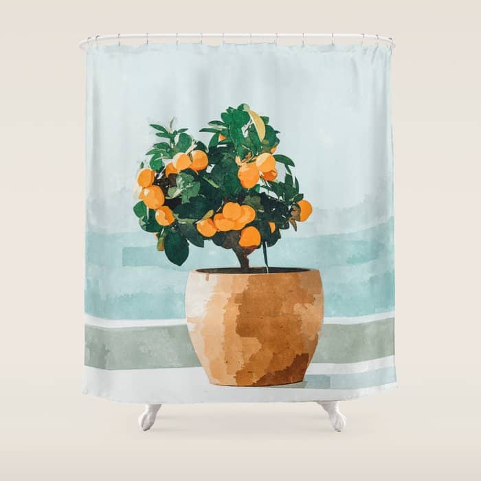 Orange Tree, Plant Pot Nature Botanical Bonsi Illustration, Modern Simple Bohemian Painting Shower Curtain