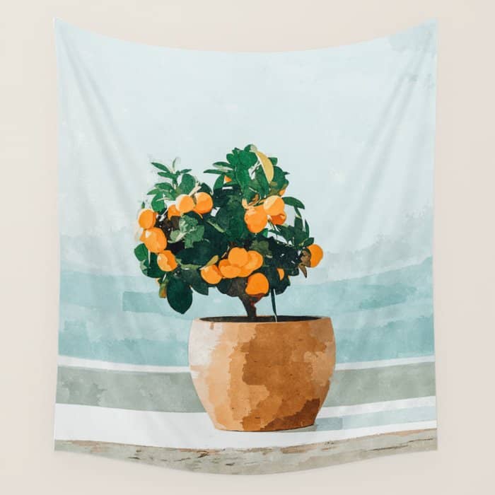 Orange Tree, Plant Pot Nature Botanical Bonsi Illustration, Modern Simple Bohemian Painting Wall Tapestry