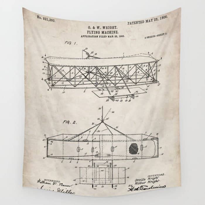 Wright Brother'S Airplane Patent - Aviation History Art - Antique Wall Tapestry