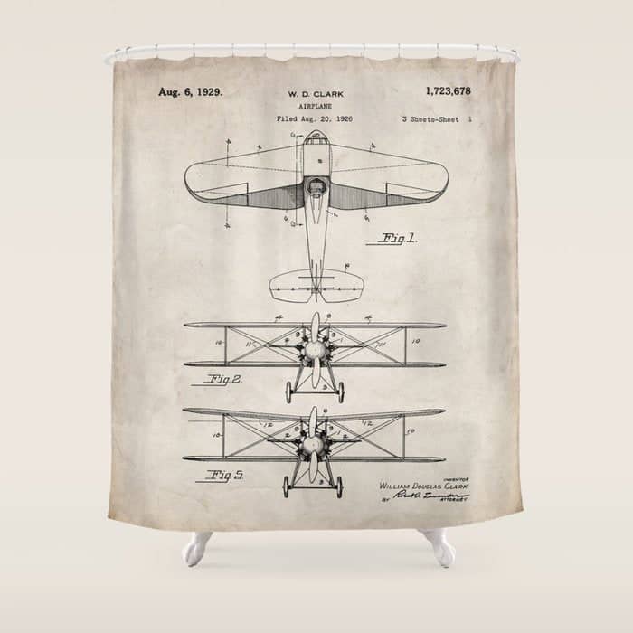 Biplane Patent - Aviation Art - Antique Shower Curtain