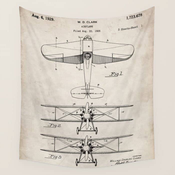 Biplane Patent - Aviation Art - Antique Wall Tapestry