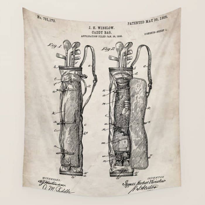 Golf Bag Patent - Caddy Art - Antique Wall Tapestry