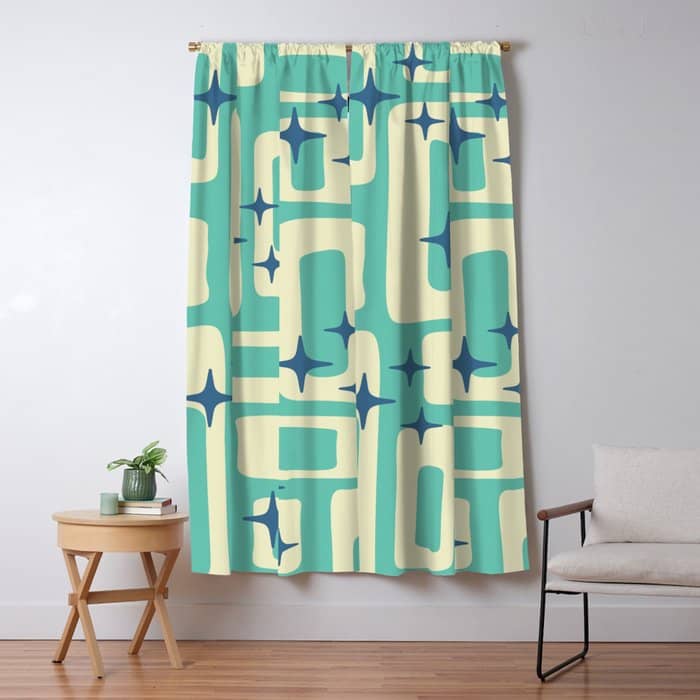 Retro Mid Century Modern Abstract Pattern 576 Turquoise Blue Window Curtain