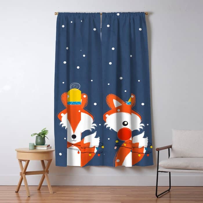 Cute Christmas Fox In The Snow Window Curtain