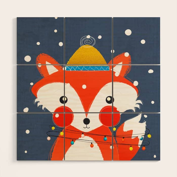Cute Christmas Fox In The Snow Wood Wall Art