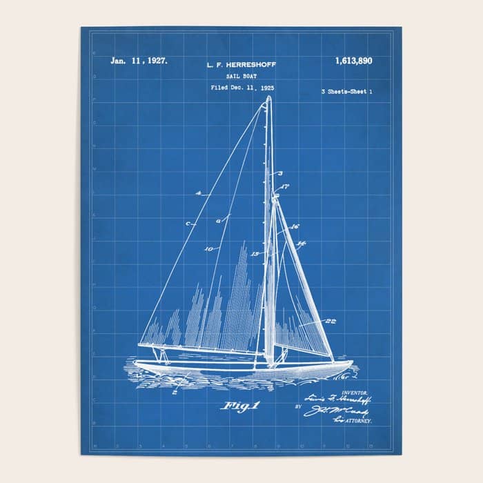 Sailboat Patent - Yacht Art - Blueprint Poster