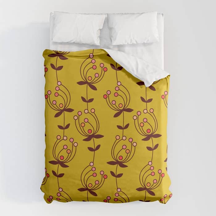 Flowers On Yellow Seamless Pattern - Mustard Yellow Duvet Cover