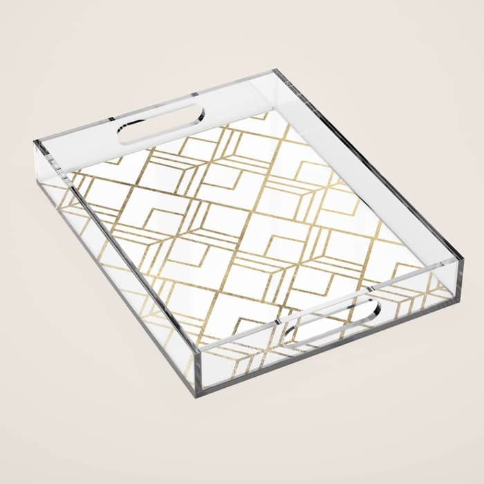 Geometrical White Faux Gold Elegant Stylish Diamonds Acrylic Tray