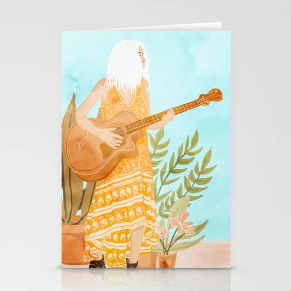 Music Soothes My Soul | Urban Hippie Bohemian Woman Playing The Guitar | Plant Lady Painting Stationery Card