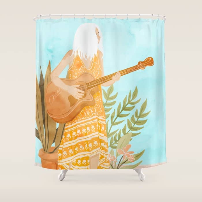 Music Soothes My Soul | Urban Hippie Bohemian Woman Playing The Guitar | Plant Lady Painting Shower Curtain