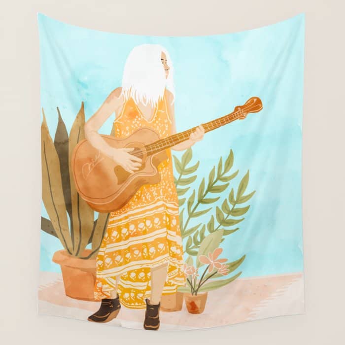 Music Soothes My Soul | Urban Hippie Bohemian Woman Playing The Guitar | Plant Lady Painting Wall Tapestry