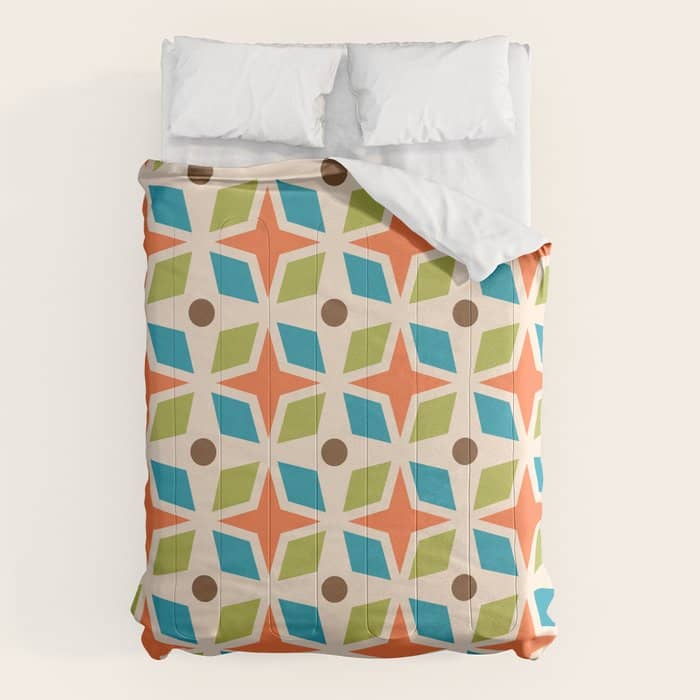 Mid Century Modern Abstract Star Dot Pattern 441 Orange Brown Turquoise Chartreuse Comforter