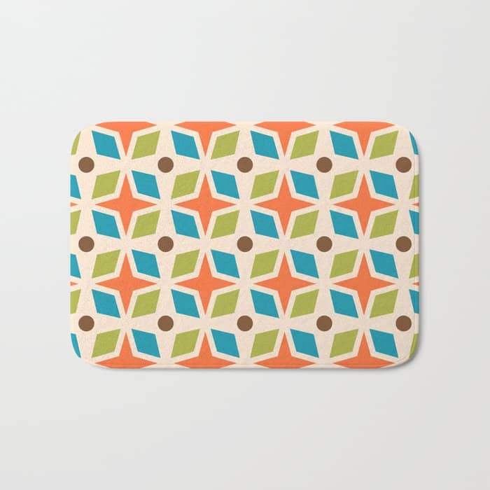 Mid Century Modern Abstract Star Dot Pattern 441 Orange Brown Turquoise Chartreuse Bath Mat