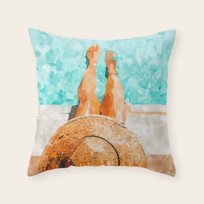 By The Pool All Day, Summer Travel Woman Swimming, Tropical Fashion Bohemian Painting Throw Pillow