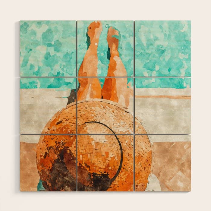 By The Pool All Day, Summer Travel Woman Swimming, Tropical Fashion Bohemian Painting Wood Wall Art